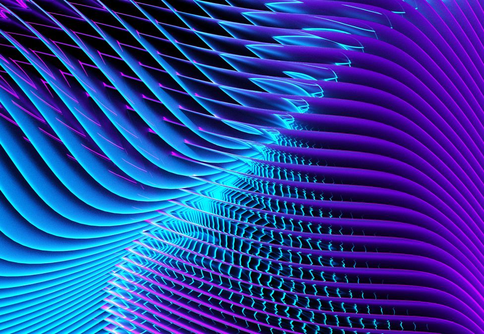 An abstract image of blue and purple ombre 3D waves.